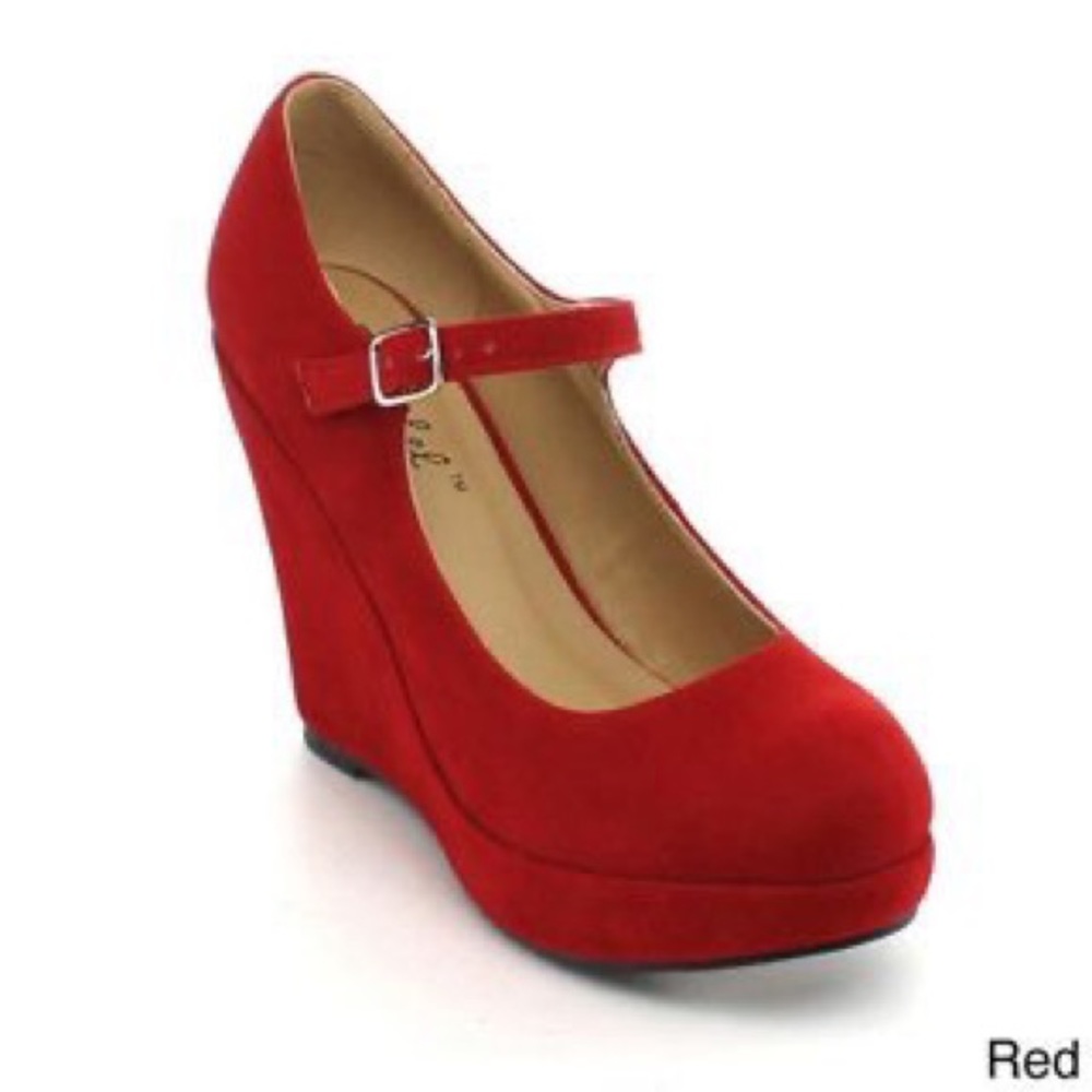 ISO Bonnibel Dolly Red Faux Suede Mary Jane Wedges